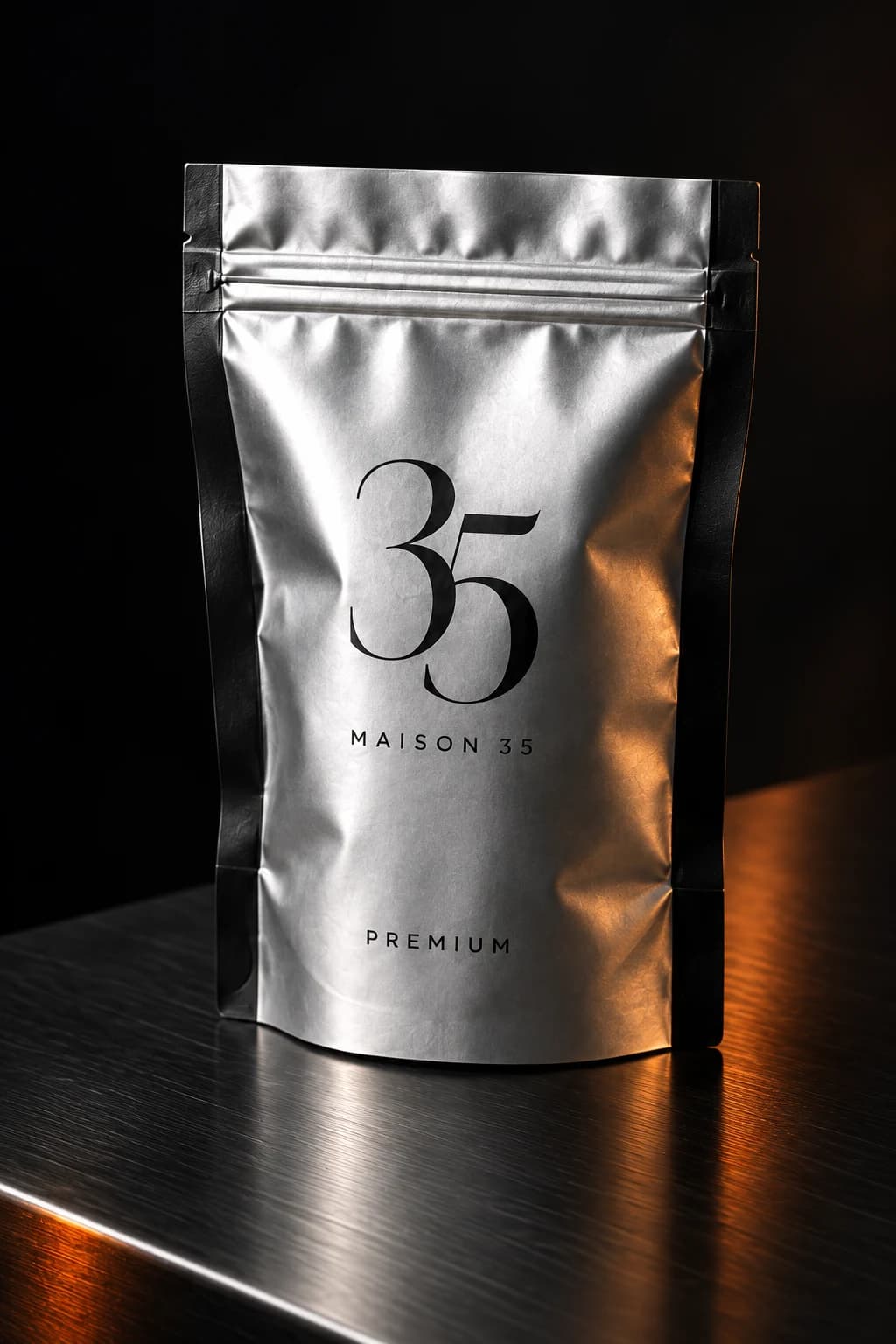 Visuel de présentation du pochon Premium argent et noir, entièrement opaque.