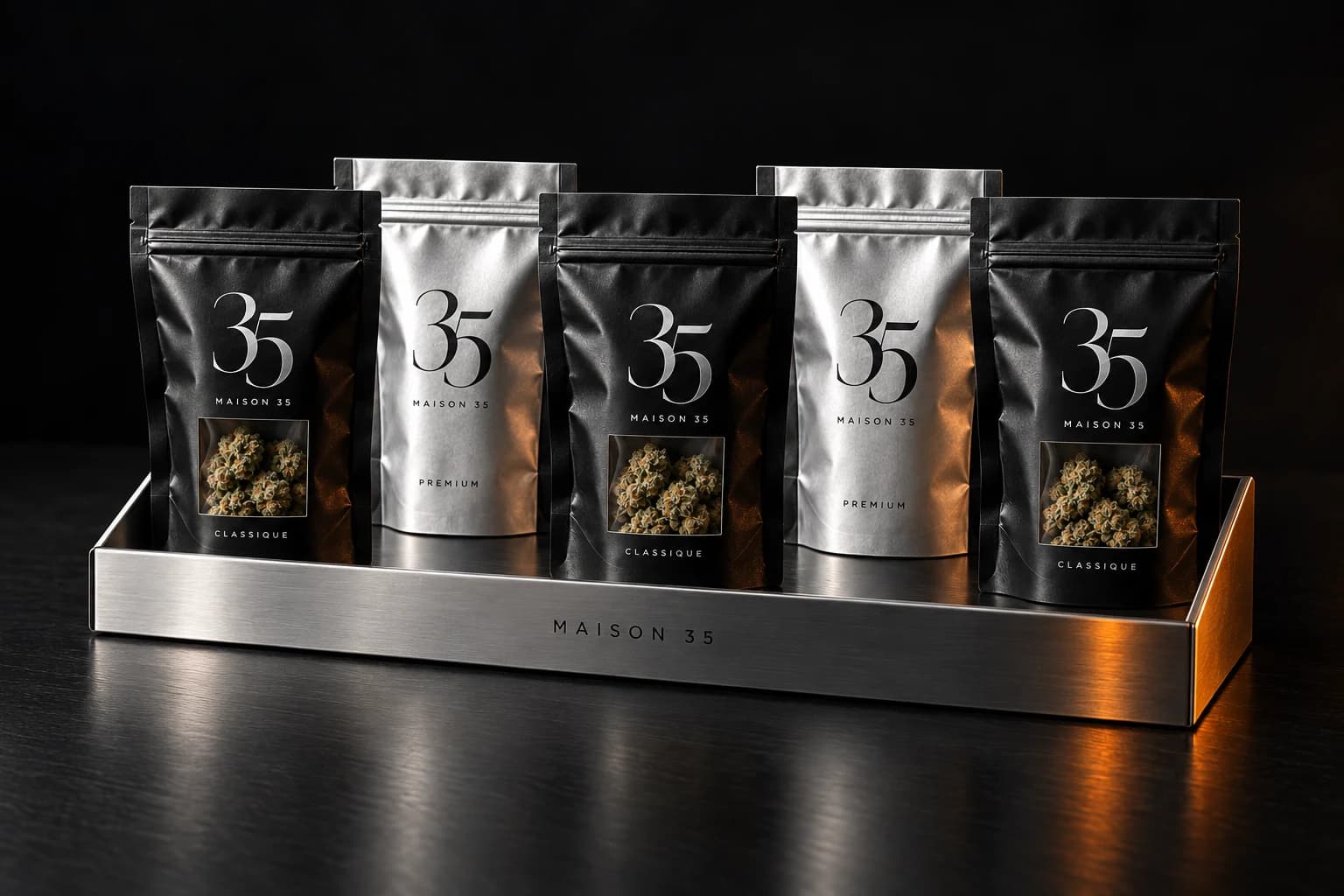 Proposition de présentation Maison 35 pour comptoir professionnel, avec pochons Classique et Premium.