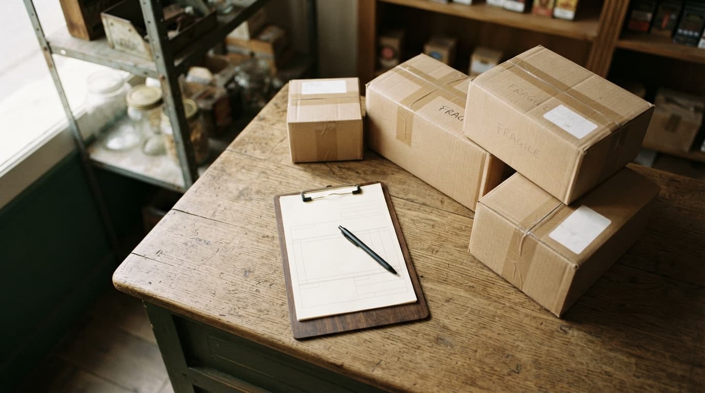 Bureau de réception d'un petit commerce avec un bon de livraison vierge, un stylo et des cartons neutres fermés, sans étiquette lisible.